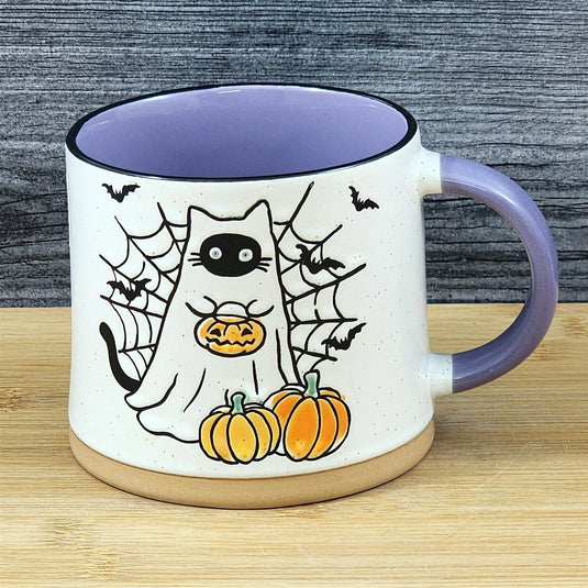 Halloween Ghost Cat Coffee Mug Pumpkin Ceramic Purple Flowers Cup Blue Sky 17oz