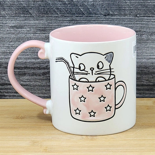Cat Lover Coffee Mug Embossed Ceramic Tea Cup Large 21oz by Blue Sky Pink Inside