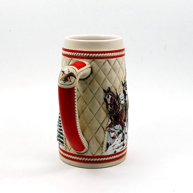 Load image into Gallery viewer, 1985 Budweiser Stein Beer Holiday Christmas Mug Wagon Clydesdales Ceramarte
