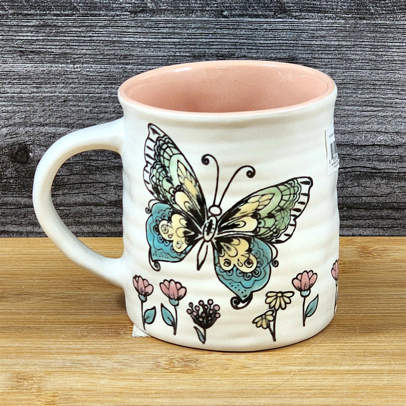 Load image into Gallery viewer, Butterfly Coffee Mug Floral Monarch Embossed Pink Ceramic Tea Cup Blue Sky 17oz
