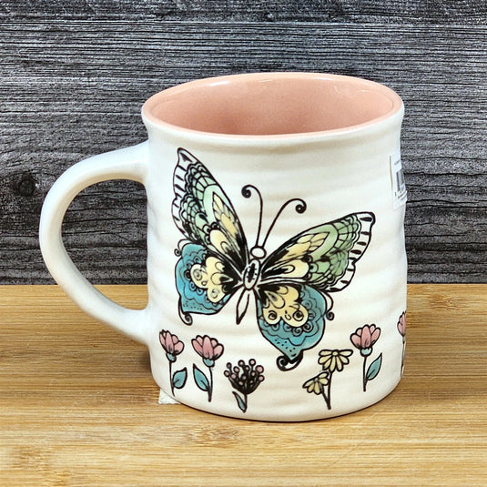 Butterfly Coffee Mug Floral Monarch Embossed Pink Ceramic Tea Cup Blue Sky 17oz