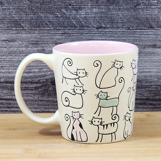 Cat Lover Coffee Mug Ceramic Tea Cup by Blue Sky Pastel Pink 18oz Embossed