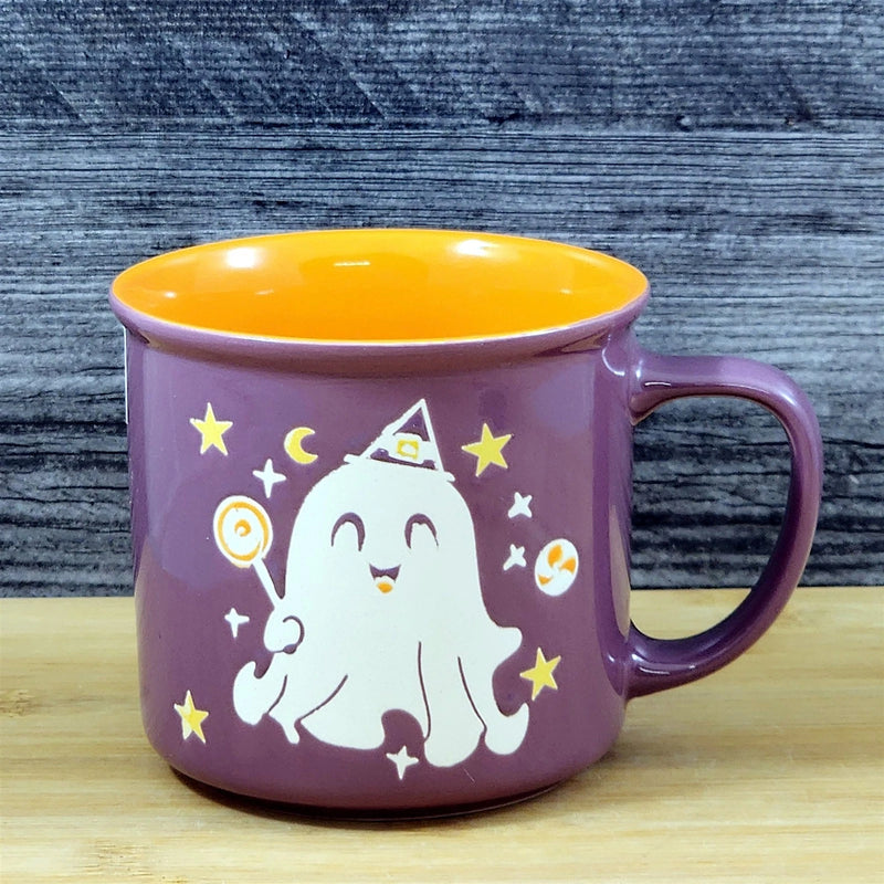 Load image into Gallery viewer, Halloween Whimsical Ghost Mug Ceramic Coffee Tea Cup Orange Purple Blue Sky 17oz
