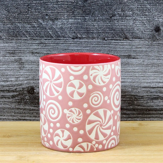 Holiday Coffee Mug Pink Peppermint Candy Christmas Ceramic Cup Red 18oz Blue Sky