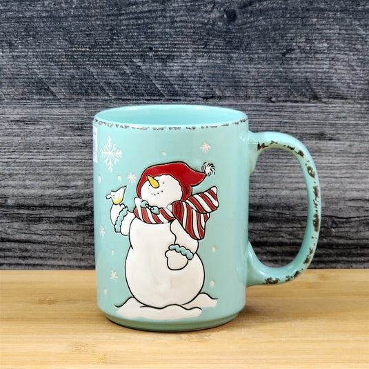 Christmas Coffee Mug Snowman Winter Ceramic Holiday Cup Green 18oz Blue Sky