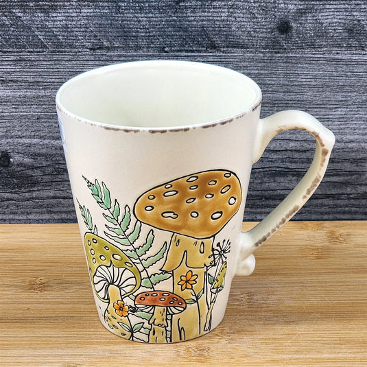 Coffee Mug Morel Mushroom Cup Ceramic Brown Green Floral Garden Blue Sky 17oz