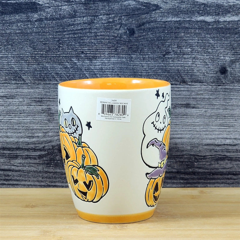Load image into Gallery viewer, Whimsical Jack-O-Lantern Halloween Coffee Mug Orange Ghost Cup Ceramic Blue Sky
