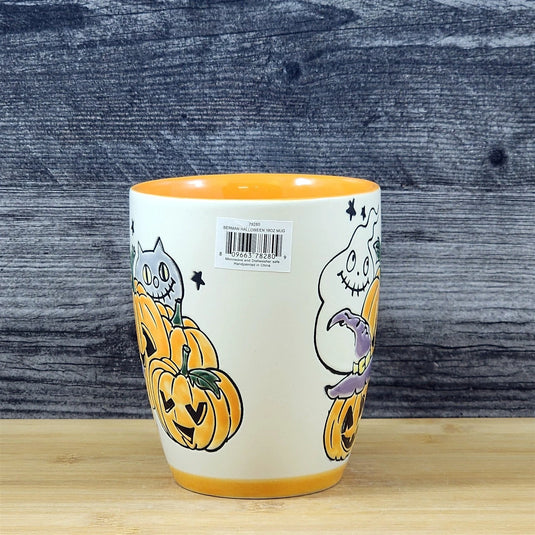 Whimsical Jack-O-Lantern Halloween Coffee Mug Orange Ghost Cup Ceramic Blue Sky