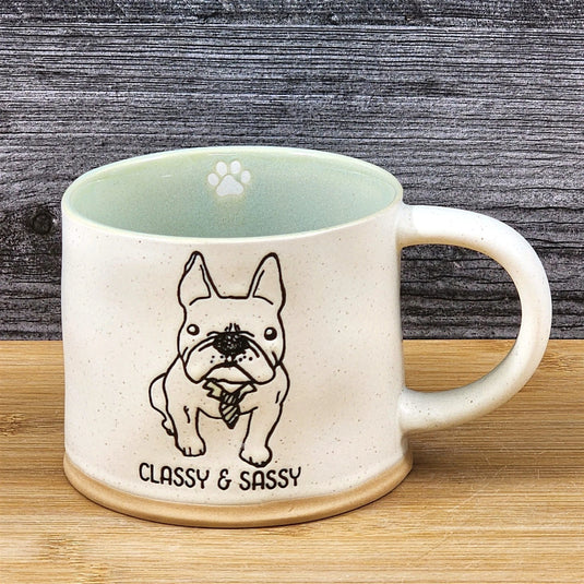French Bulldog Coffee Tea Cup Classy Sassy Dog Mug Blue Sky Ceramic Embossed