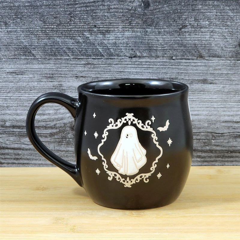 Load image into Gallery viewer, Black Halloween Ghost Mug Spooky Bat's Ceramic Coffee Tea Cup by Blue Sky 18oz
