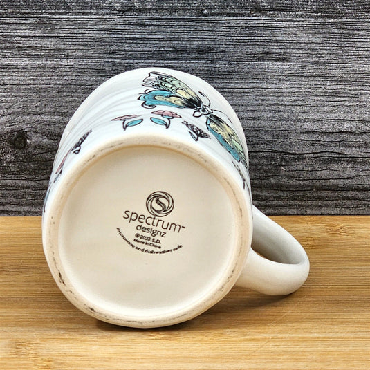 Butterfly Coffee Mug Floral Monarch Embossed Pink Ceramic Tea Cup Blue Sky 17oz