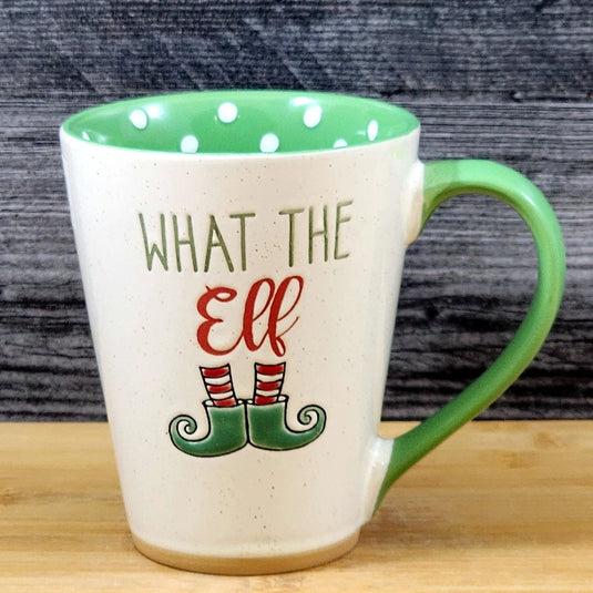 Holiday Elf Saying Coffee Mug Ceramic Green Christmas Embossed Cup Blue Sky 18oz