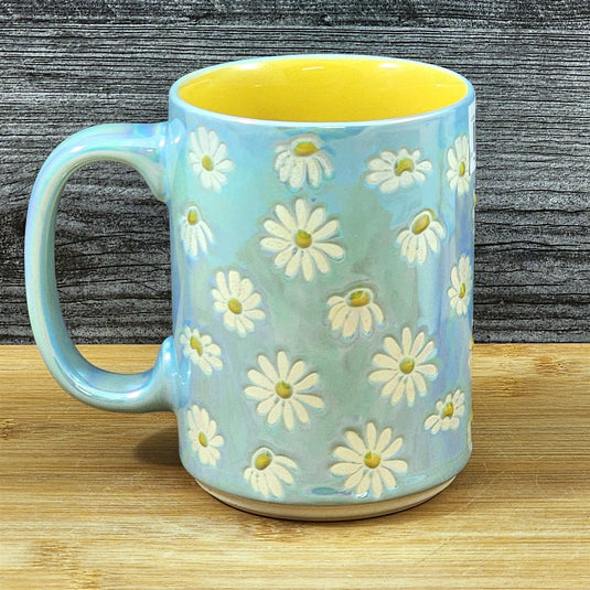 Coffee Mug White Daisy Summer Yellow Tea Cup Ceramic Embossed Blue Sky 18oz