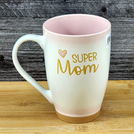 Super Mom Coffee Mug Ceramic Embossed White Pink Tea Cup Tall by Blue Sky 16oz