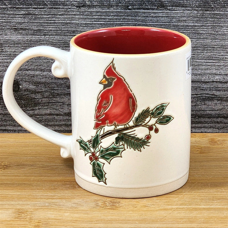 Load image into Gallery viewer, Cardinal Coffee Mug Ceramic Holiday Embossed Christmas Red Cup Blue Sky 16oz
