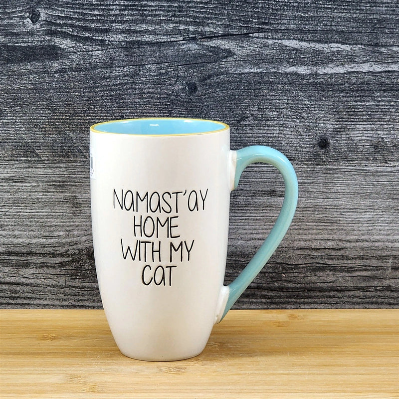 Load image into Gallery viewer, Namast'ay Home With My Cat Coffee Mug Embossed White Ceramic Tea Cup Blue Sky
