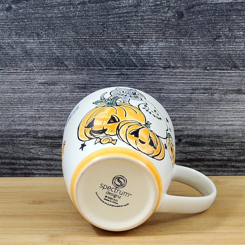 Load image into Gallery viewer, Whimsical Halloween Coffee Mug Jack-O-Lantern Orange Tea Cup Ceramic Blue Sky 18
