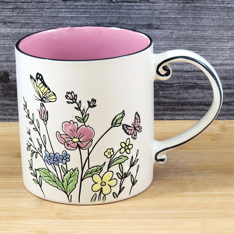 Load image into Gallery viewer, Floral Coffee Mug Summer Butterfly's Pink Flowers 21oz Cup Embossed Blue Sky
