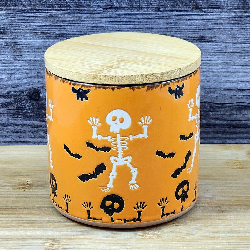 Load image into Gallery viewer, Halloween Skeletons Canister and Bamboo Lid Embossed 4" Ceramic Jar Blue Sky
