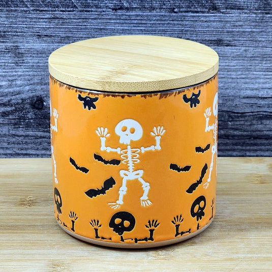 Halloween Skeletons Canister and Bamboo Lid Embossed 4" Ceramic Jar Blue Sky