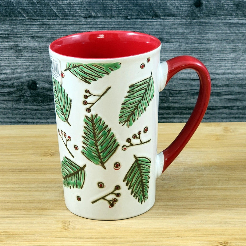 Load image into Gallery viewer, Coffee Mug Christmas Winter Pine Holiday Red Embossed Cup Ceramic Blue Sky 17oz
