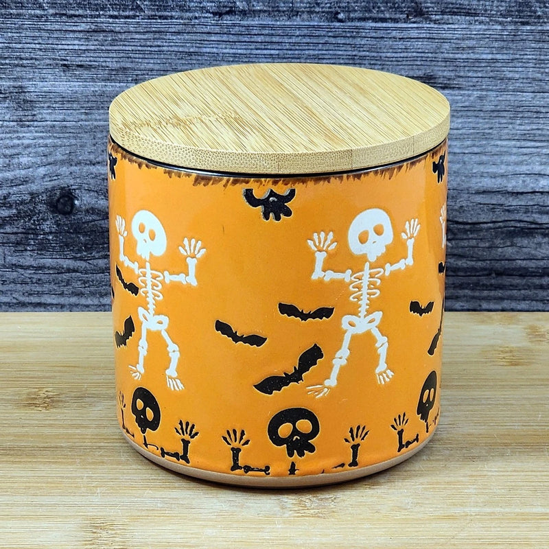 Load image into Gallery viewer, Halloween Skeletons Canister and Bamboo Lid Embossed 4" Ceramic Jar Blue Sky
