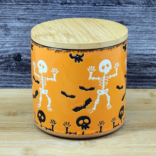 Halloween Skeletons Canister and Bamboo Lid Embossed 4" Ceramic Jar Blue Sky