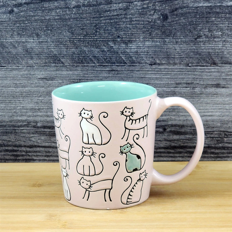 Load image into Gallery viewer, Cat Lover Coffee Mug Embossed Ceramic Tea Cup Blue Sky Pastel Pink 18oz
