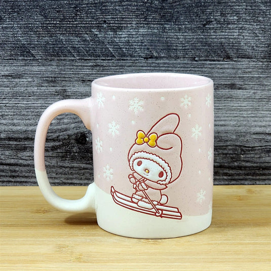 My Melody Downhill Skiing Coffee Mug Ceramic Pink Tea Cup Blue Sky Embossed 18oz