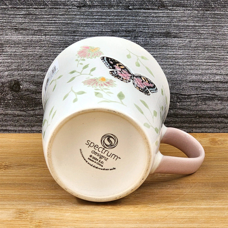 Load image into Gallery viewer, Monarch Butterfly Floral Coffee Mug Pink Interior Ceramic Tea Cup Blue Sky 17oz
