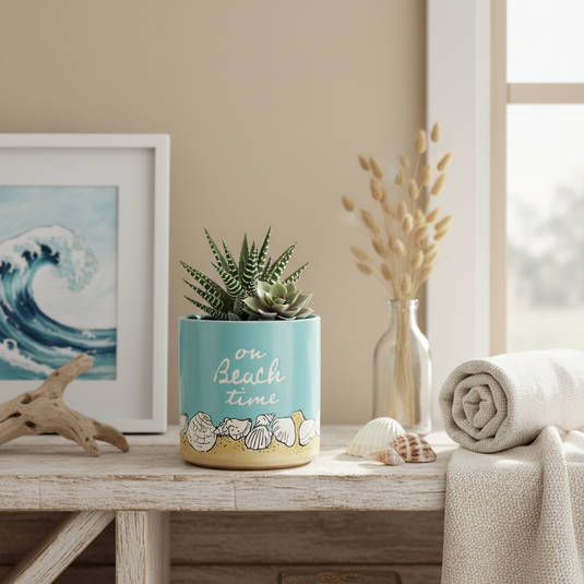 Planter Beach Shells Ceramic Utensil Organizer Herb Succulent Blue Sky 5in
