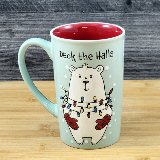 Coffee Mug Polar Bear Christmas Holiday Green Embossed Cup Ceramic Blue Sky 17oz