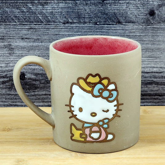 Hello Kitty Cowgirl Brown Coffee Mug Embossed Ceramic Tea Cup Blue Sky 18oz