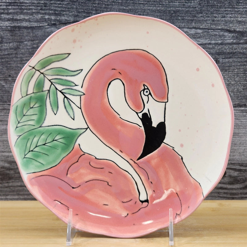 Load image into Gallery viewer, Pink Flamingo Salad Plate Whimsical Water Color Embossed Ceramic Blue Sky 8 in
