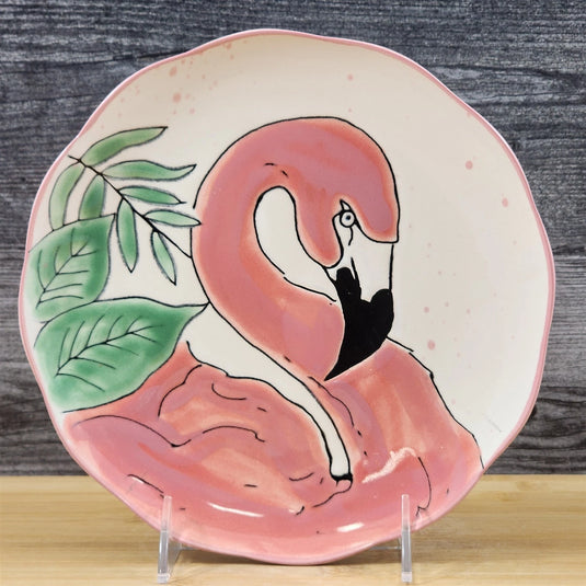 Pink Flamingo Salad Plate Whimsical Water Color Embossed Ceramic Blue Sky 8 in