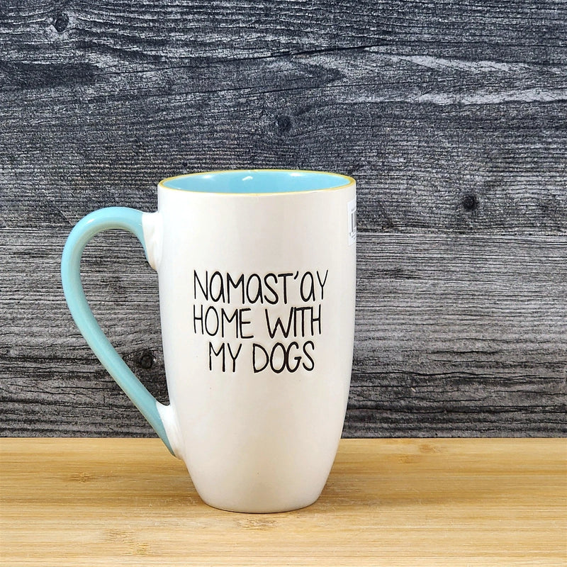 Load image into Gallery viewer, Namast'ay Home With My Dogs Coffee Mug Embossed White Ceramic Tea Cup Blue Sky
