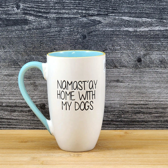 Namast'ay Home With My Dogs Coffee Mug Embossed White Ceramic Tea Cup Blue Sky