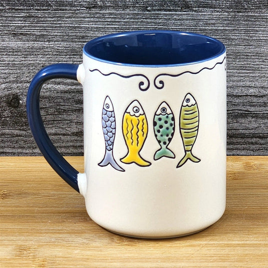 Fish Coffee Mug Whimsical Sea Creatures Ceramic Embossed Tea Cup Blue Sky 15oz