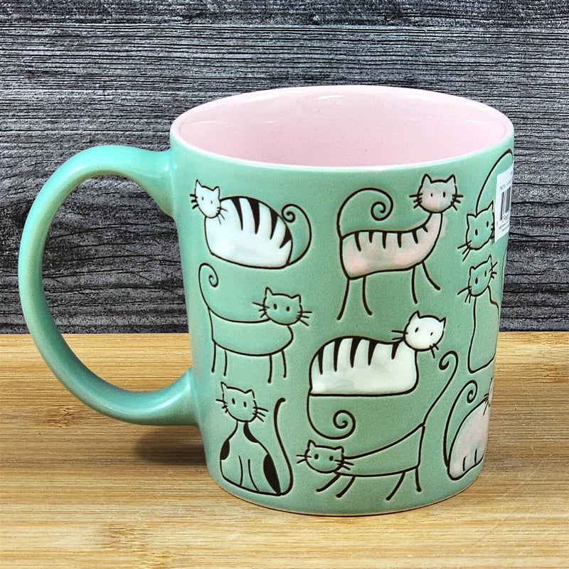 Load image into Gallery viewer, Cat Lover Coffee Mug Pastel Pink Green Embossed Ceramic Tea Cup Blue Sky 18oz
