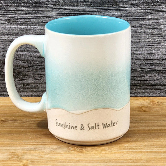 Beach Seafoam Coffee Mug Sunshine Tea Cup Ceramic Embossed Ocean Blue Sky 18oz