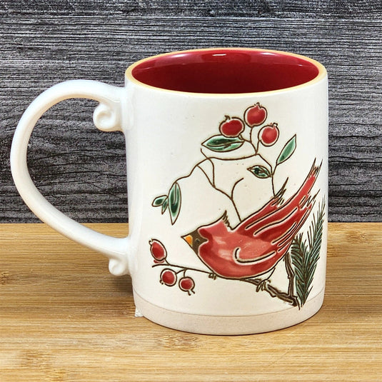 Cardinal Winter Berry Coffee Mug Ceramic Holiday Christmas Red Cup Blue Sky 16oz