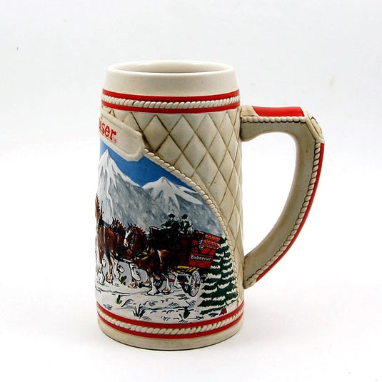 1985 Budweiser Stein Beer Holiday Christmas Mug Wagon Clydesdales Ceramarte