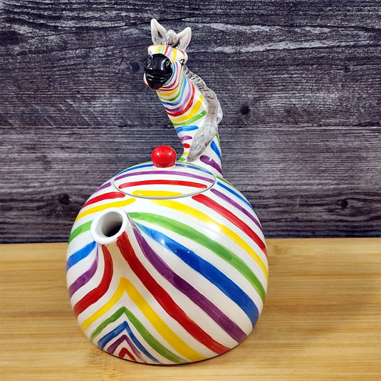 Zebra Teapot Rainbow Colored Safari Animal Ceramics Tea Pot Blue Sky