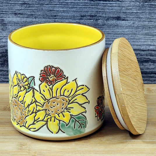 Brandywine Sunflower Canister & Bamboo Lid Embossed 4" Ceramic Jar Blue Sky