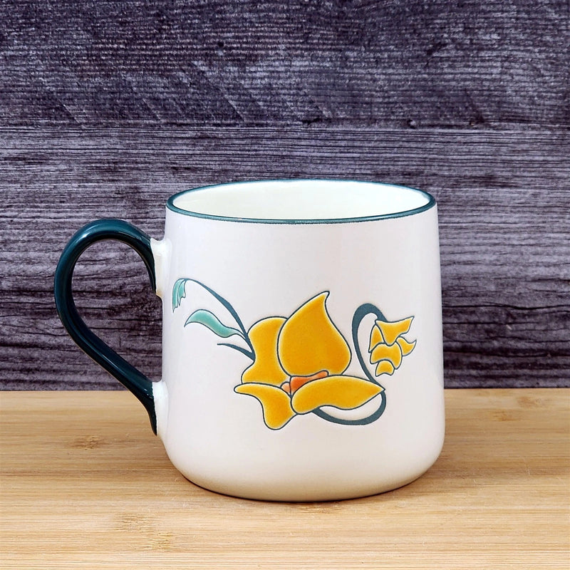 Load image into Gallery viewer, Daffodil Coffee Mug Ceramic Yellow White Floral Embossed 18 oz Tea Cup Blue Sky
