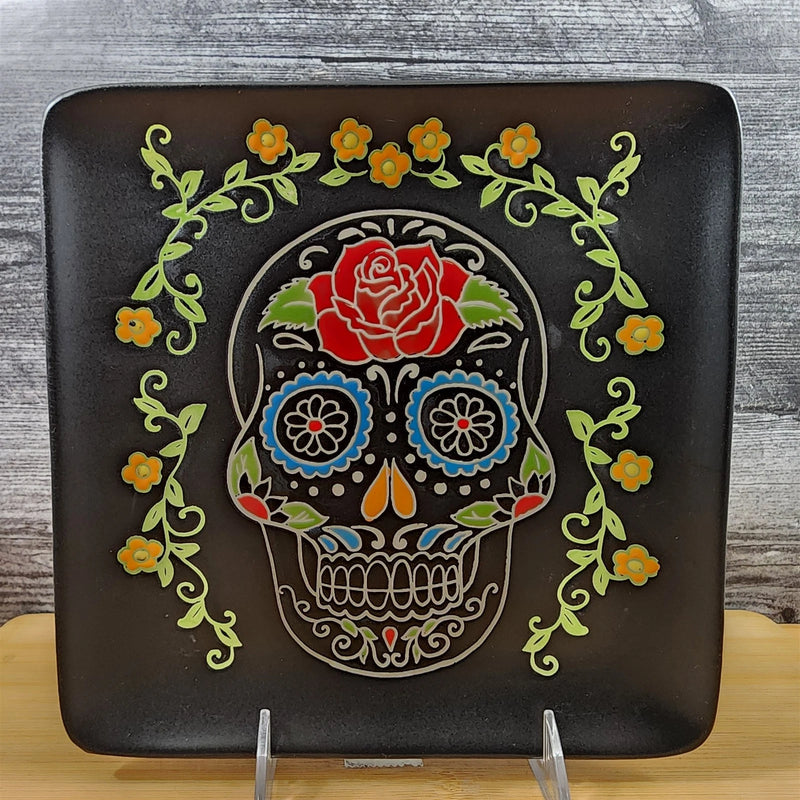 Load image into Gallery viewer, Halloween Sugar Skull Day of the Dead Square Salad Plate 8" Blue Sky
