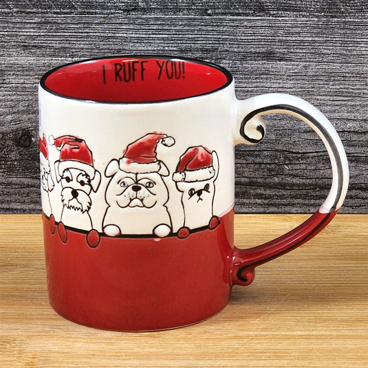 Holiday Dogs in Santa Hats Ceramic Mug Red by Blue Sky Ceramic Embossed Cup 16oz