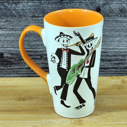 Coffee Mug Day of the Dead Skeleton Guitar Band Cup Orange Ceramic Blue Sky 17oz