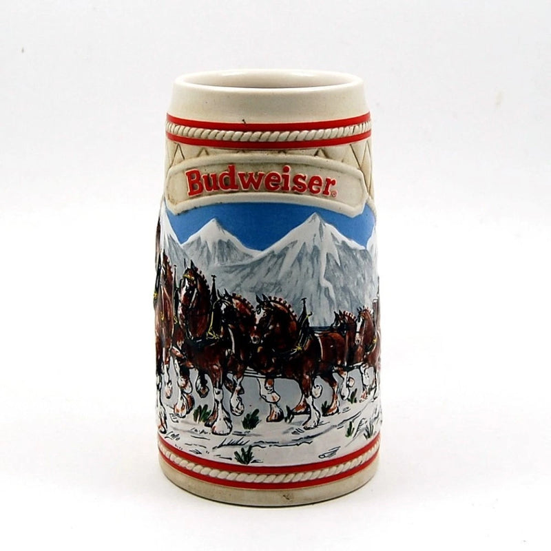 Load image into Gallery viewer, 1985 Budweiser Stein Beer Holiday Christmas Mug Wagon Clydesdales Ceramarte

