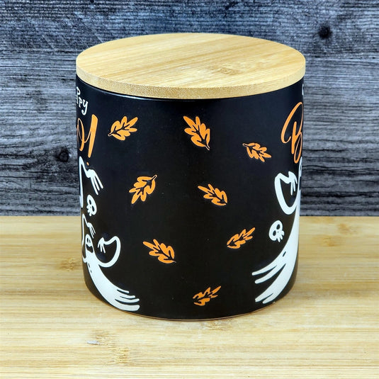 Halloween Ghosts Canister and Bamboo Lid Embossed 4" Ceramic Jar Blue Sky Orange